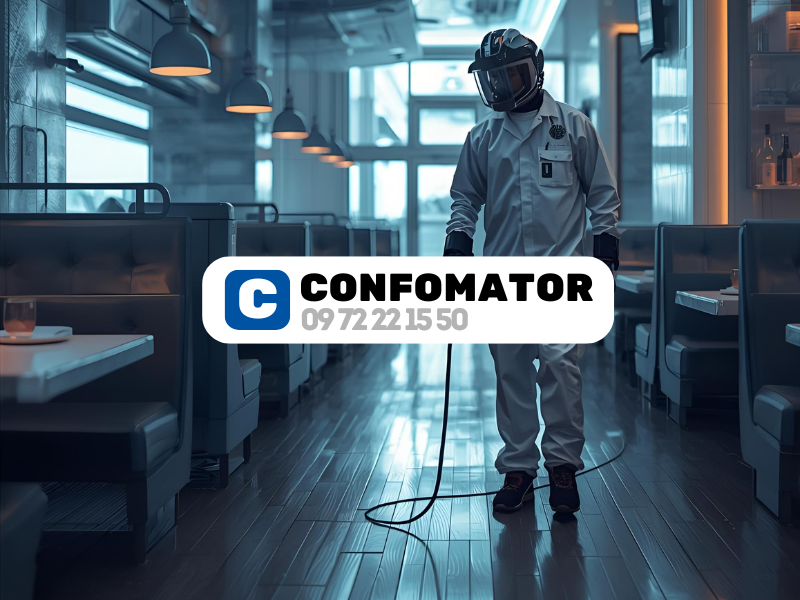 Professionnel de la désinsectisation et dératisation effectuant un traitement dans un restaurant, conformité HACCP et plan de lutte antiparasitaire pour la sécurité alimentaire