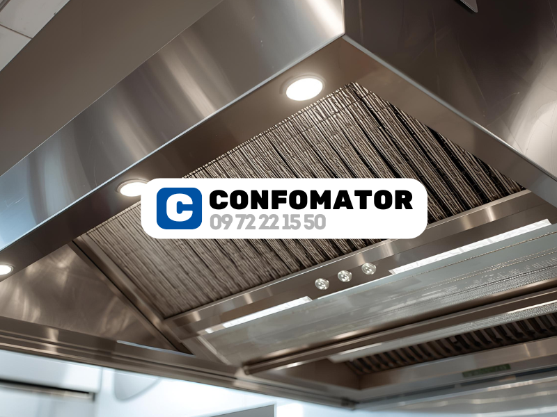 Hotte de cuisine professionnelle en acier inoxydable dans un restaurant, système d'extraction et de filtration d'air conforme aux normes RSDT pour la sécurité incendie et l'hygiène alimentaire