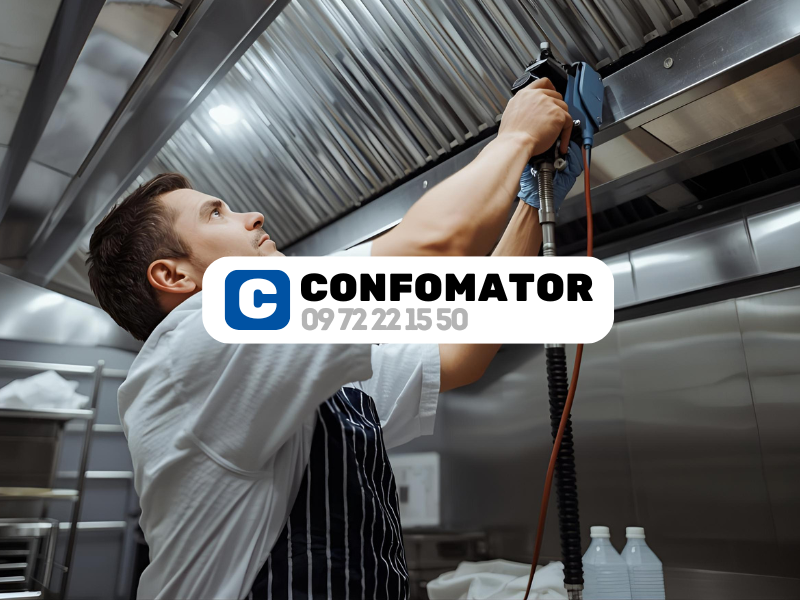 Technicien professionnel installant une hotte de cuisine industrielle, vérification des normes DTU 68.3 et conformité réglementaire pour restaurants et établissements de restauration collective